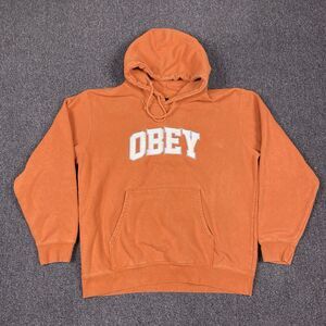 VTG Obey Hoodie Orange Y2K Logo Print Casual Skateboard Pullover Size Large